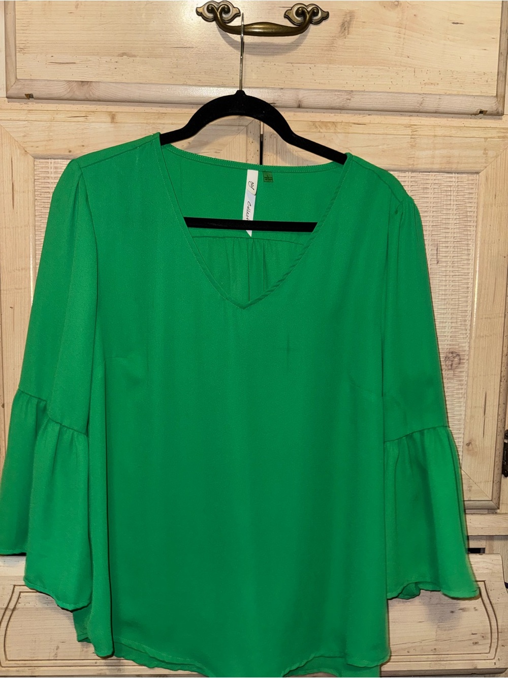 Women's V-Neck Bell Sleeve Blouse in Emerald Green